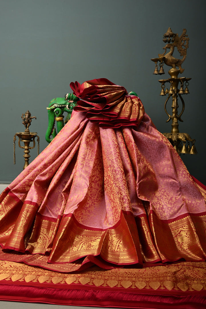Dusty Pink Gadwal Silk Saree with Vanasingaram Floral Zari Brocade Jaal and Contrast Zari Border | SILK MARK CERTIFIED