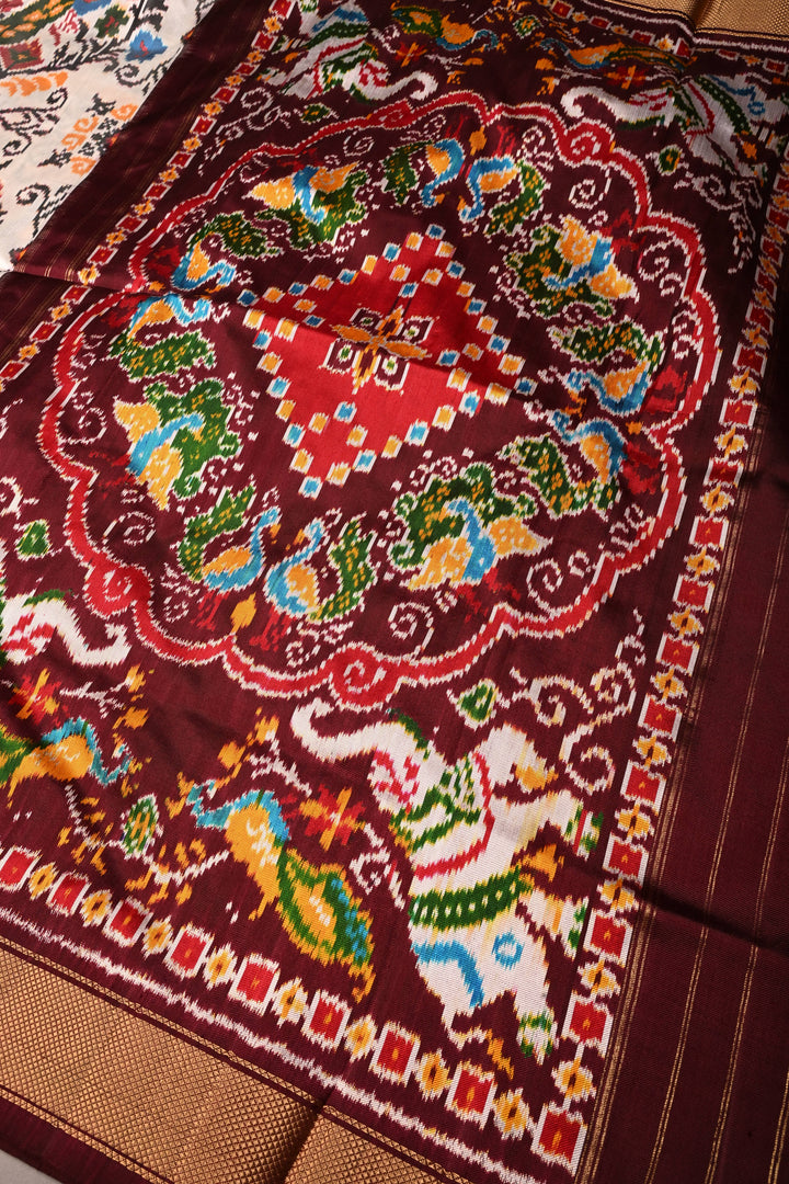 OffWhite Pure Ikkat Handwoven Pure Silk Saree With Contrast Brown Zari Border | SILK MARK CERTIFIED | SHOBITAM