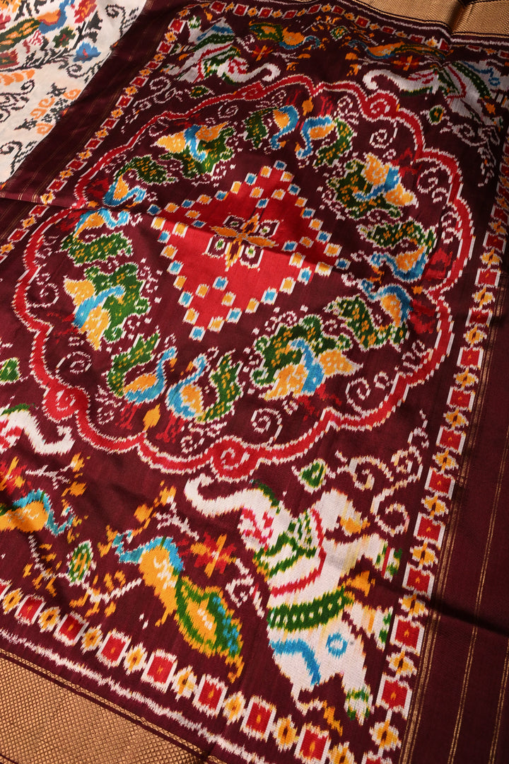 OffWhite Pure Ikkat Handwoven Pure Silk Saree With Contrast Brown Zari Border | SILK MARK CERTIFIED | SHOBITAM