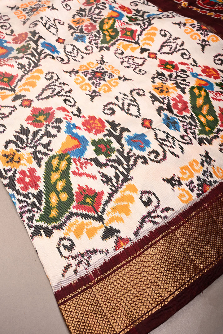 OffWhite Pure Ikkat Handwoven Pure Silk Saree With Contrast Brown Zari Border | SILK MARK CERTIFIED | SHOBITAM