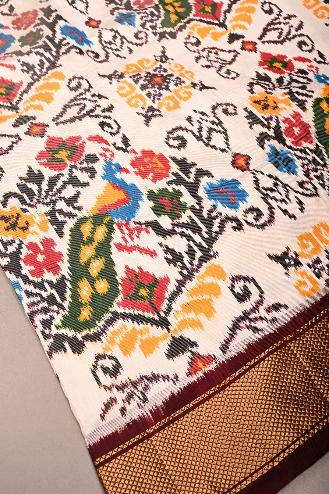 OffWhite Pure Ikkat Handwoven Pure Silk Saree With Contrast Brown Zari Border | SILK MARK CERTIFIED | SHOBITAM