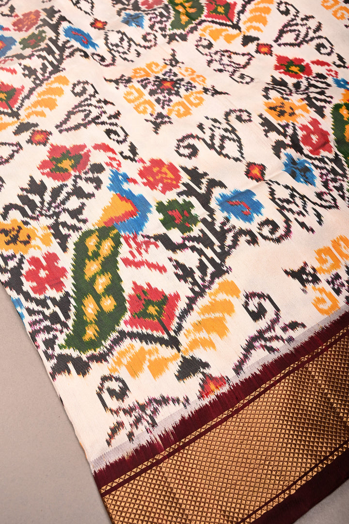 OffWhite Pure Ikkat Handwoven Pure Silk Saree With Contrast Brown Zari Border | SILK MARK CERTIFIED | SHOBITAM