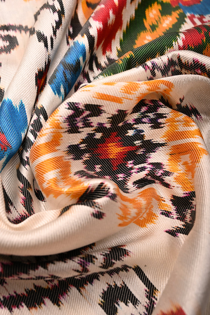 OffWhite Pure Ikkat Handwoven Pure Silk Saree With Contrast Brown Zari Border | SILK MARK CERTIFIED | SHOBITAM