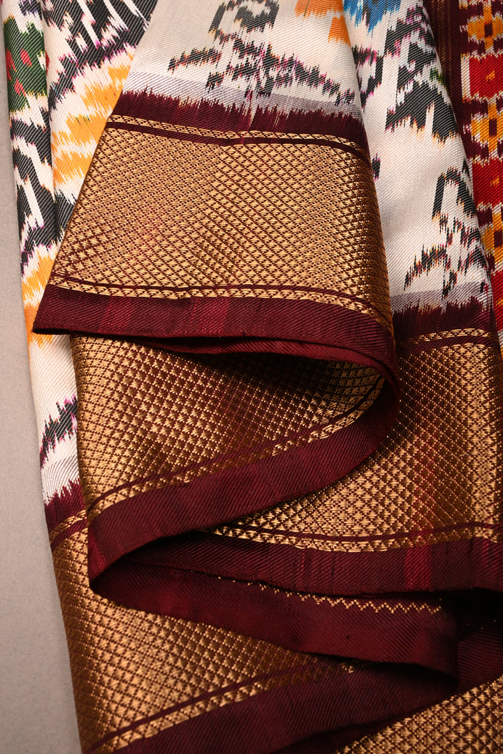 OffWhite Pure Ikkat Handwoven Pure Silk Saree With Contrast Brown Zari Border | SILK MARK CERTIFIED | SHOBITAM
