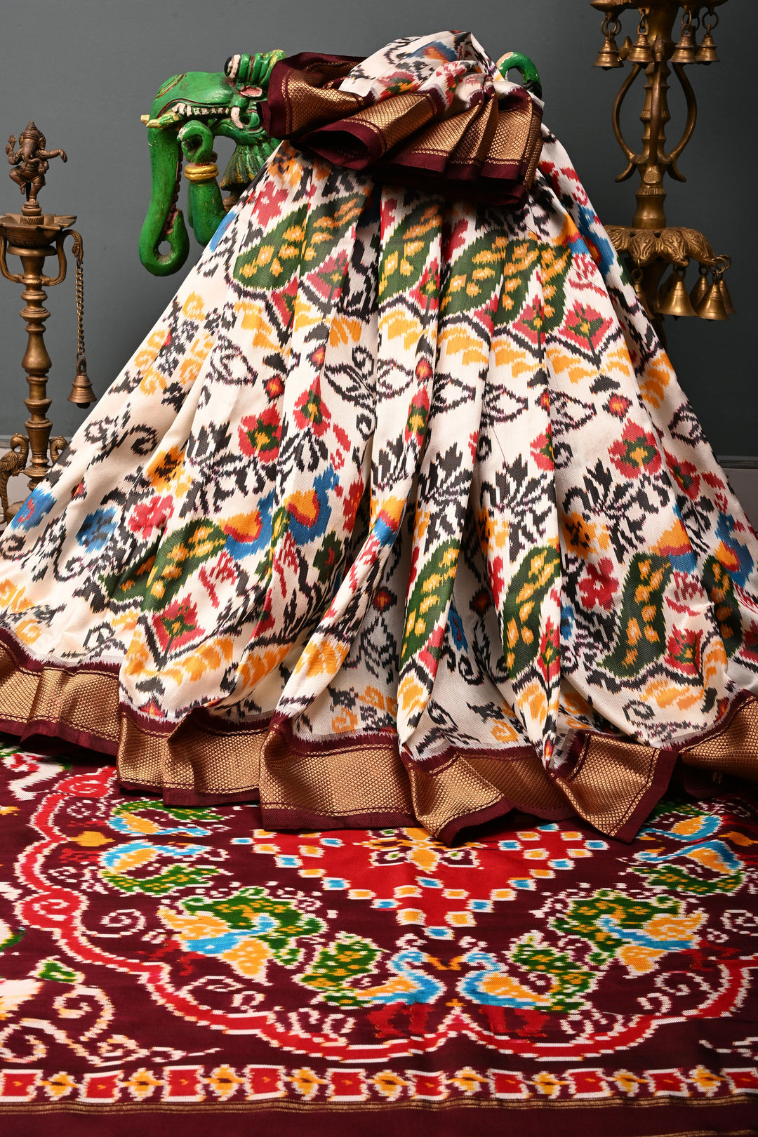 OffWhite Pure Ikkat Handwoven Pure Silk Saree With Contrast Brown Zari Border | SILK MARK CERTIFIED | SHOBITAM