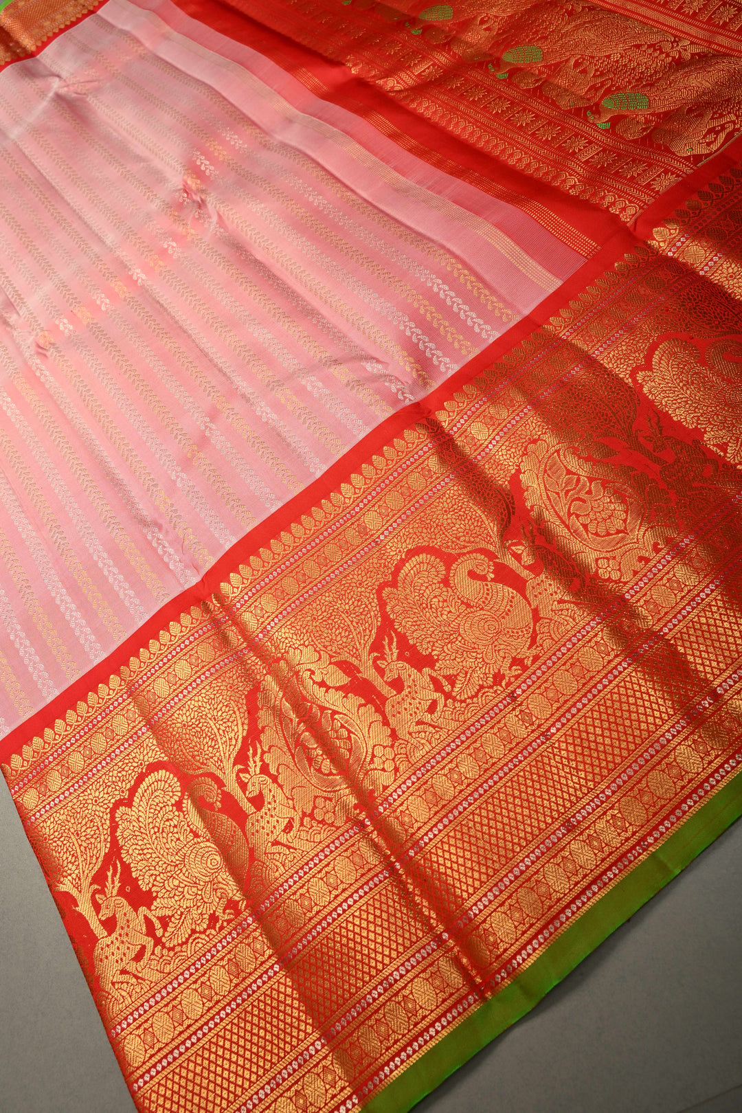 Blush Pink Gadwal Silk Saree Ornate Sona Rupa Zari Stripes and Contrast Wide Zari Border | SILK MARK CERTIFIED | SHOBITAM