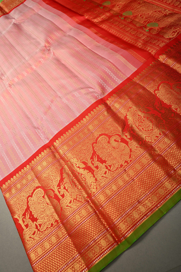 Blush Pink Gadwal Silk Saree Ornate Sona Rupa Zari Stripes and Contrast Wide Zari Border | SILK MARK CERTIFIED | SHOBITAM