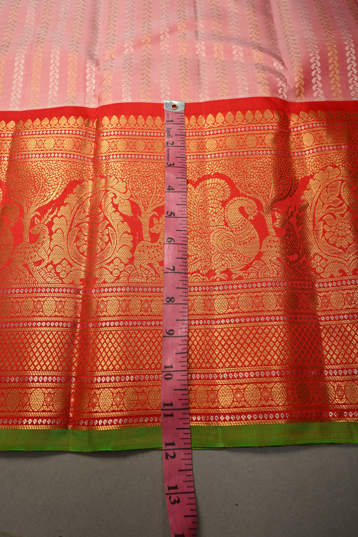 Blush Pink Gadwal Silk Saree Ornate Sona Rupa Zari Stripes and Contrast Wide Zari Border | SILK MARK CERTIFIED | SHOBITAM