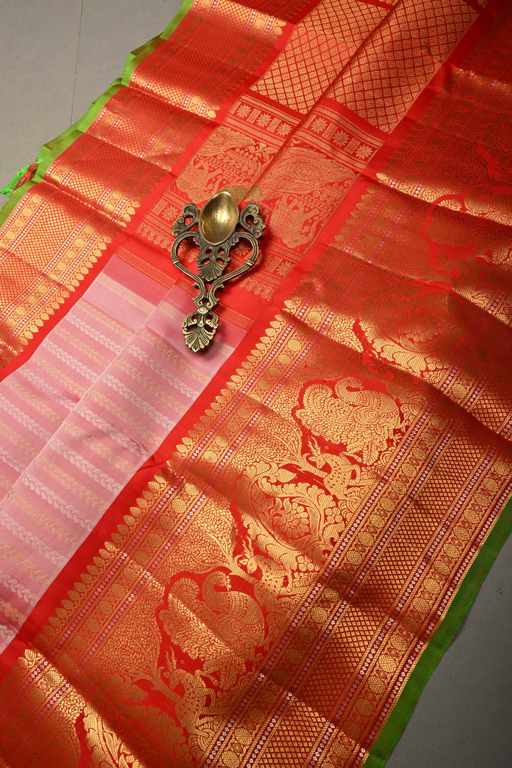 Blush Pink Gadwal Silk Saree Ornate Sona Rupa Zari Stripes and Contrast Wide Zari Border | SILK MARK CERTIFIED | SHOBITAM