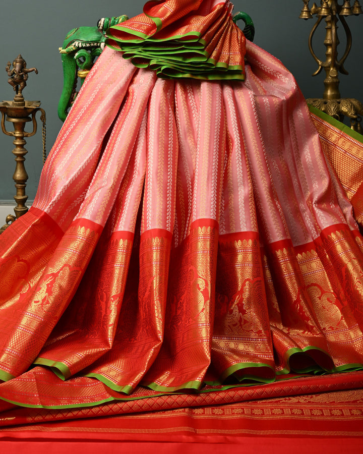 Blush Pink Gadwal Silk Saree Ornate Sona Rupa Zari Stripes and Contrast Wide Zari Border | SILK MARK CERTIFIED | SHOBITAM