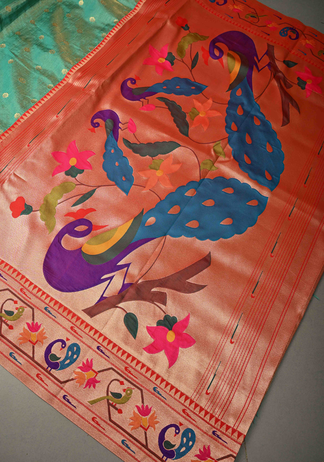 Sea Green Floral Zari Buttas on Pure Tissue Raw Silk Fusion Saree with Paithani Border and Peacock Motifs on Pallu| SHOBITAM