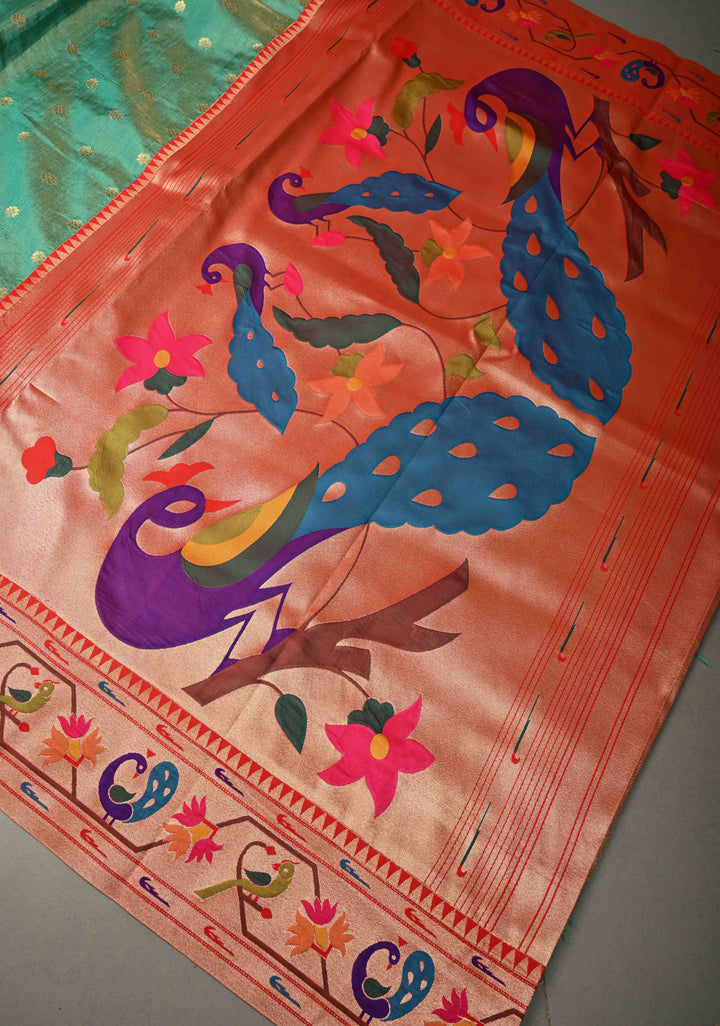 Sea Green Floral Zari Buttas on Pure Tissue Raw Silk Fusion Saree with Paithani Border and Peacock Motifs on Pallu| SHOBITAM