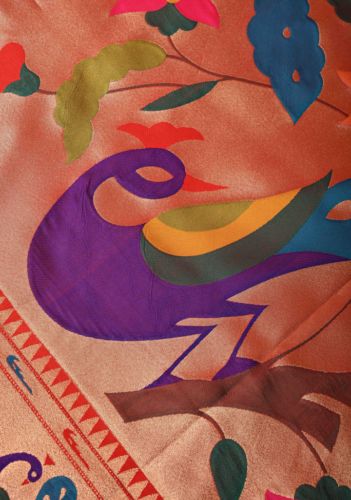 Sea Green Floral Zari Buttas on Pure Tissue Raw Silk Fusion Saree with Paithani Border and Peacock Motifs on Pallu| SHOBITAM