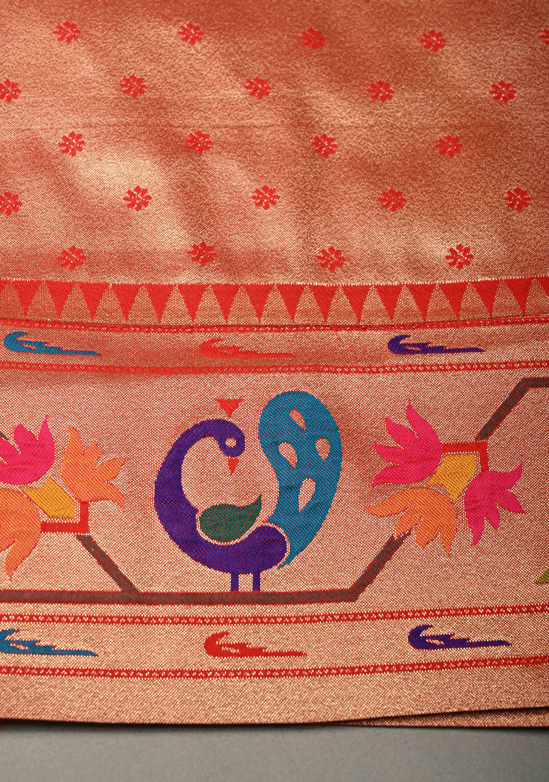 Sea Green Floral Zari Buttas on Pure Tissue Raw Silk Fusion Saree with Paithani Border and Peacock Motifs on Pallu| SHOBITAM