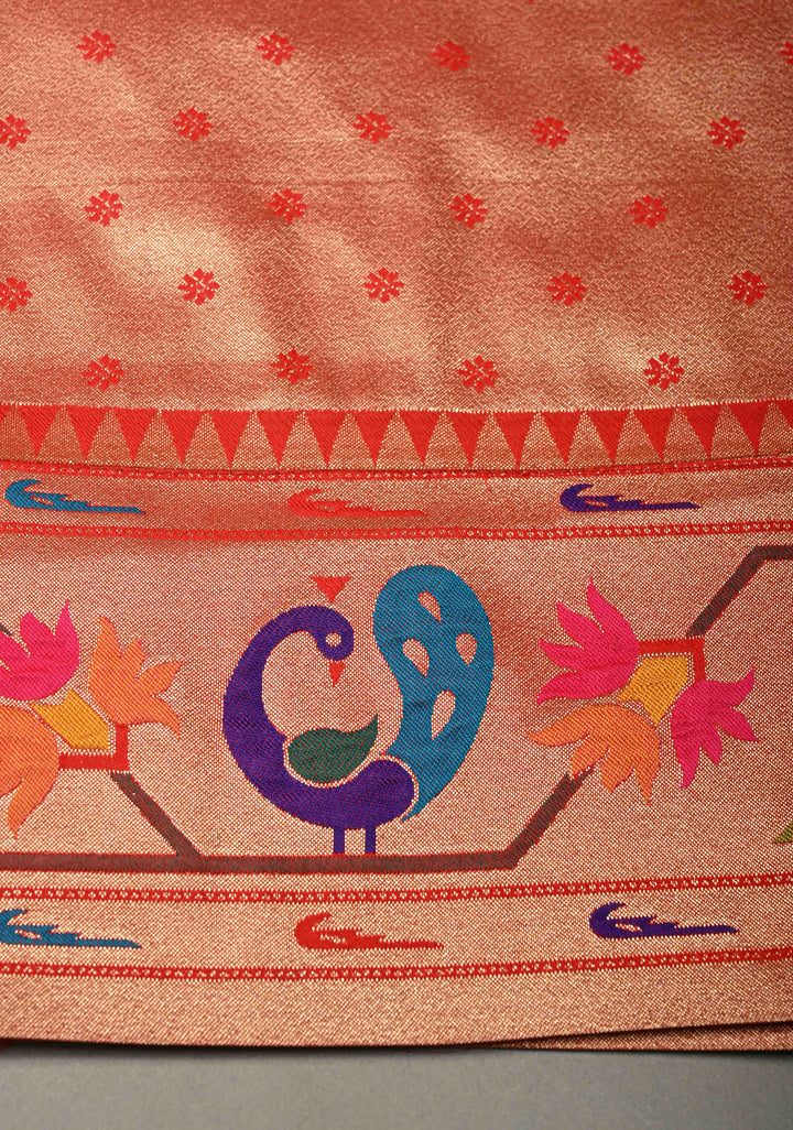 Sea Green Floral Zari Buttas on Pure Tissue Raw Silk Fusion Saree with Paithani Border and Peacock Motifs on Pallu| SHOBITAM