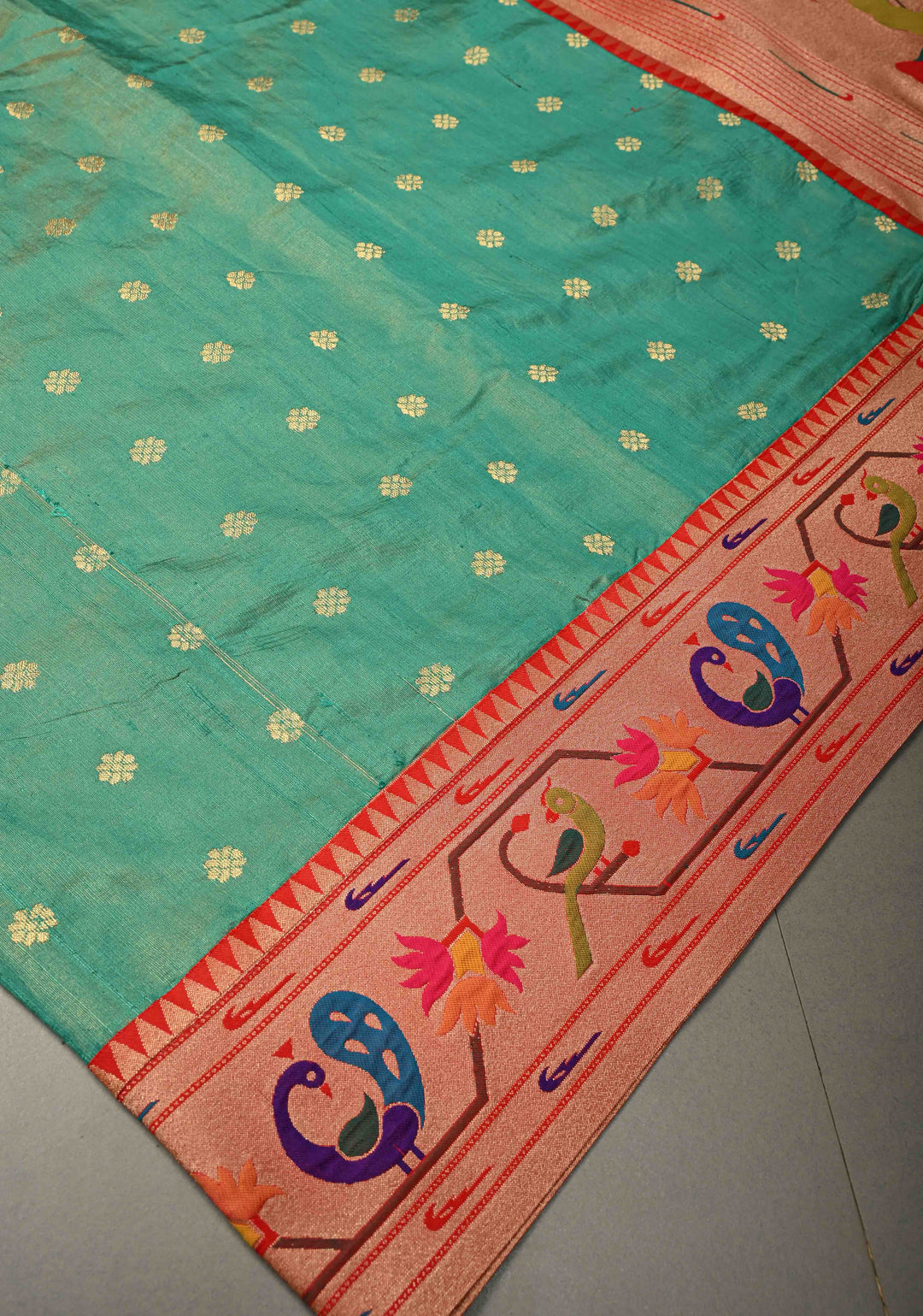 Sea Green Floral Zari Buttas on Pure Tissue Raw Silk Fusion Saree with Paithani Border and Peacock Motifs on Pallu| SHOBITAM