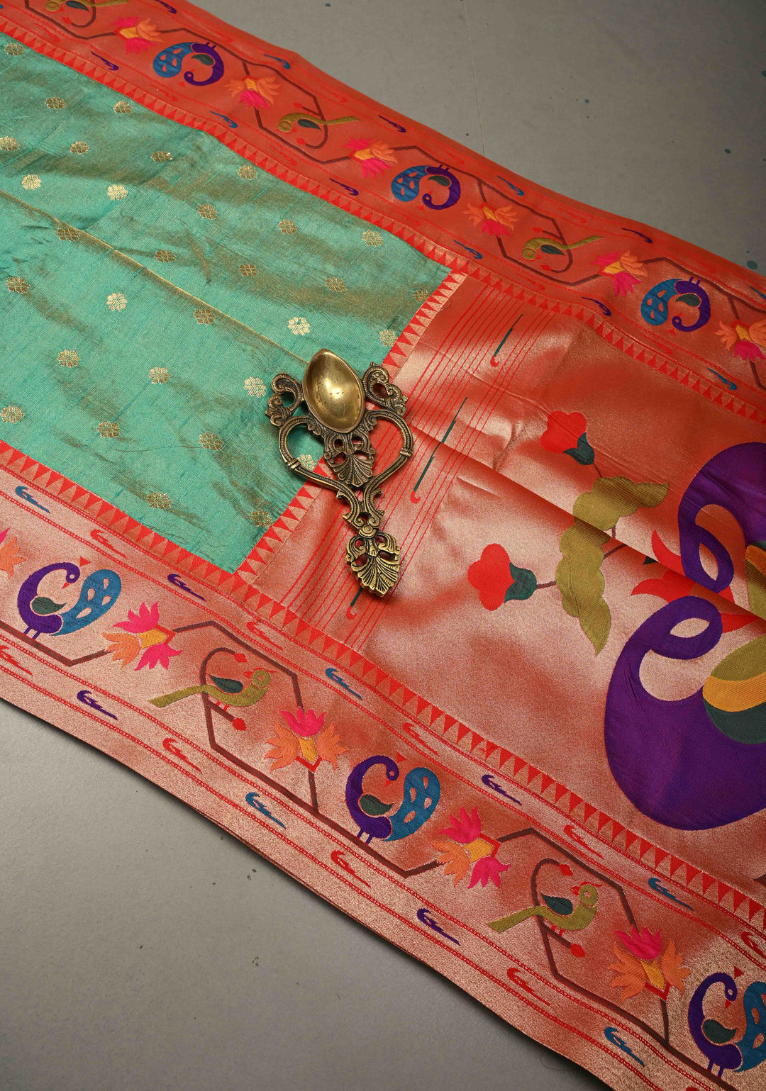 Sea Green Floral Zari Buttas on Pure Tissue Raw Silk Fusion Saree with Paithani Border and Peacock Motifs on Pallu| SHOBITAM