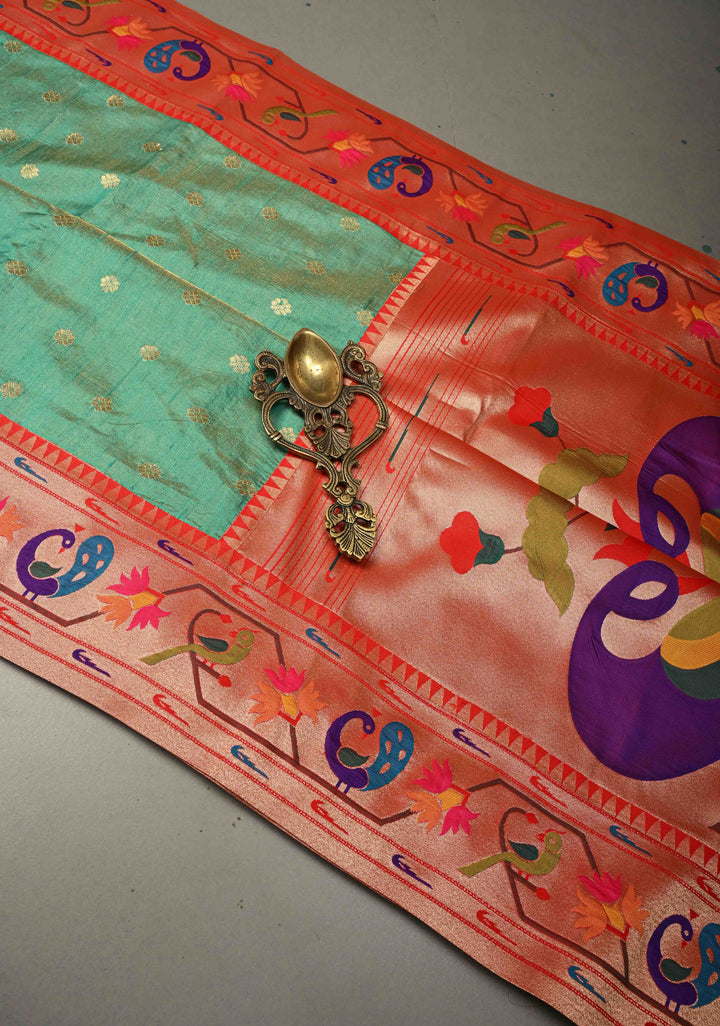 Sea Green Floral Zari Buttas on Pure Tissue Raw Silk Fusion Saree with Paithani Border and Peacock Motifs on Pallu| SHOBITAM