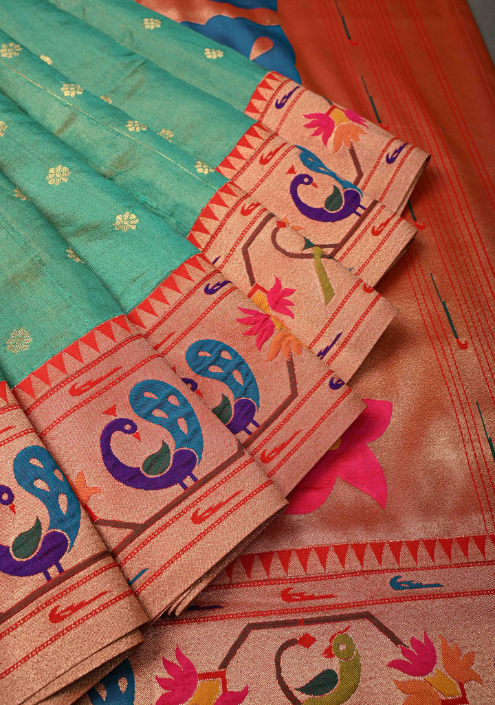 Sea Green Floral Zari Buttas on Pure Tissue Raw Silk Fusion Saree with Paithani Border and Peacock Motifs on Pallu| SHOBITAM