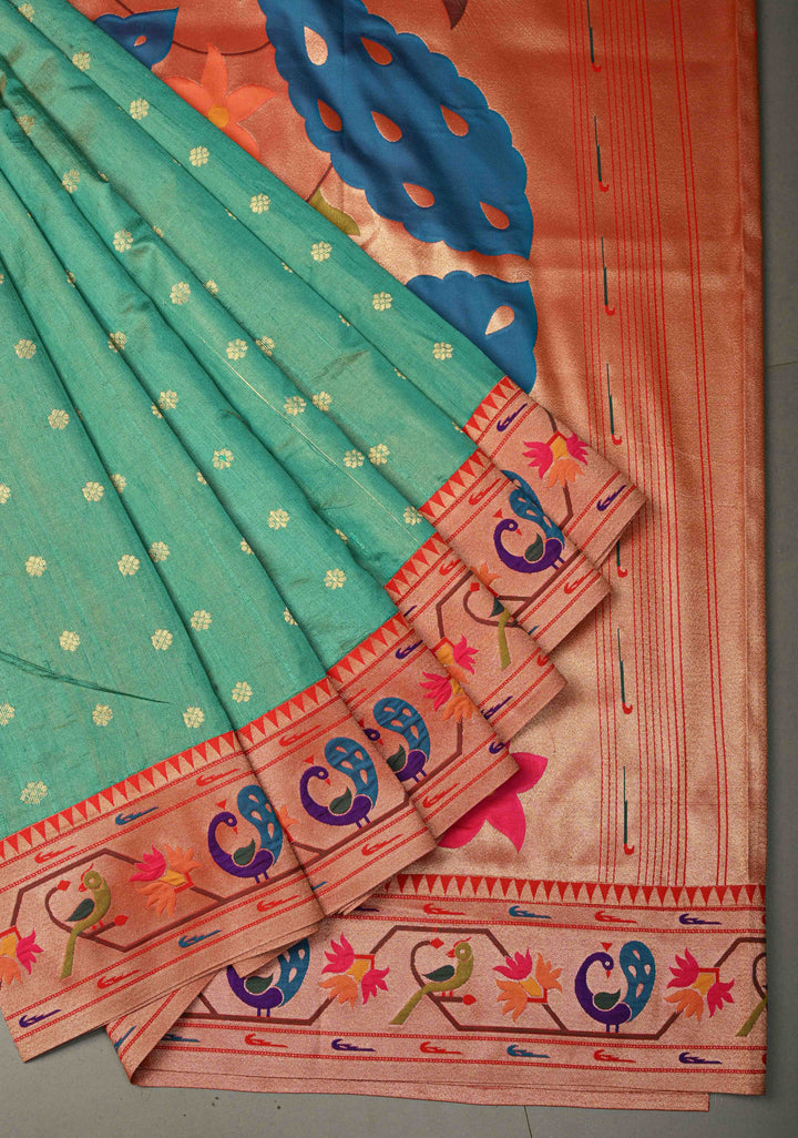 Sea Green Floral Zari Buttas on Pure Tissue Raw Silk Fusion Saree with Paithani Border and Peacock Motifs on Pallu| SHOBITAM