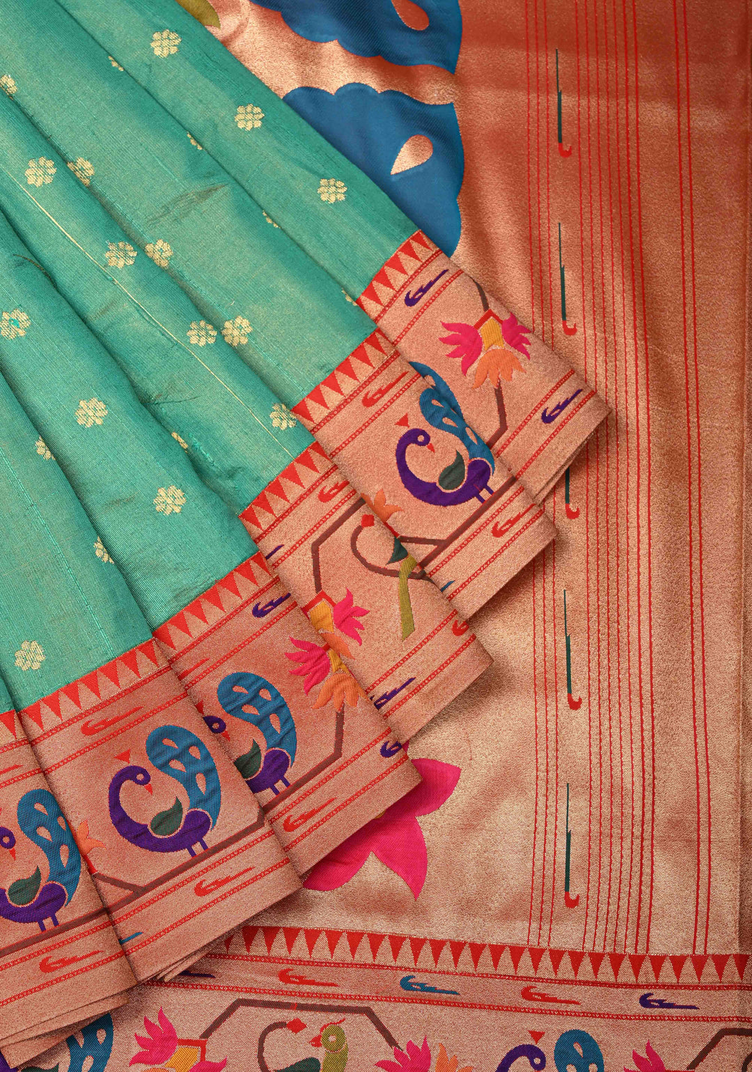 Sea Green Floral Zari Buttas on Pure Tissue Raw Silk Fusion Saree with Paithani Border and Peacock Motifs on Pallu| SHOBITAM