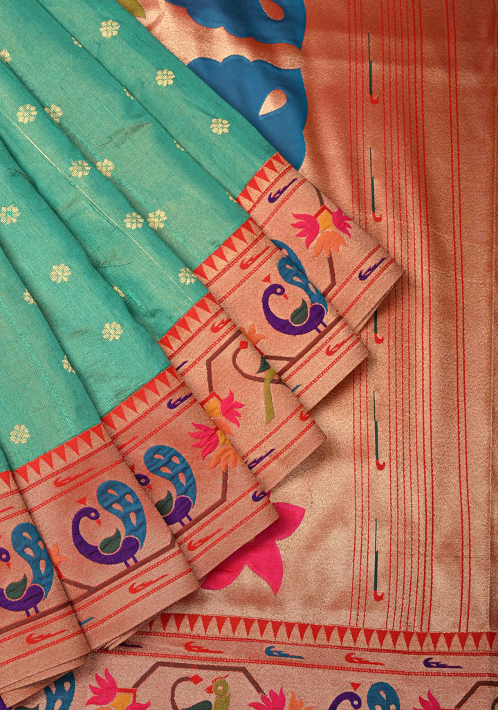 Sea Green Floral Zari Buttas on Pure Tissue Raw Silk Fusion Saree with Paithani Border and Peacock Motifs on Pallu| SHOBITAM