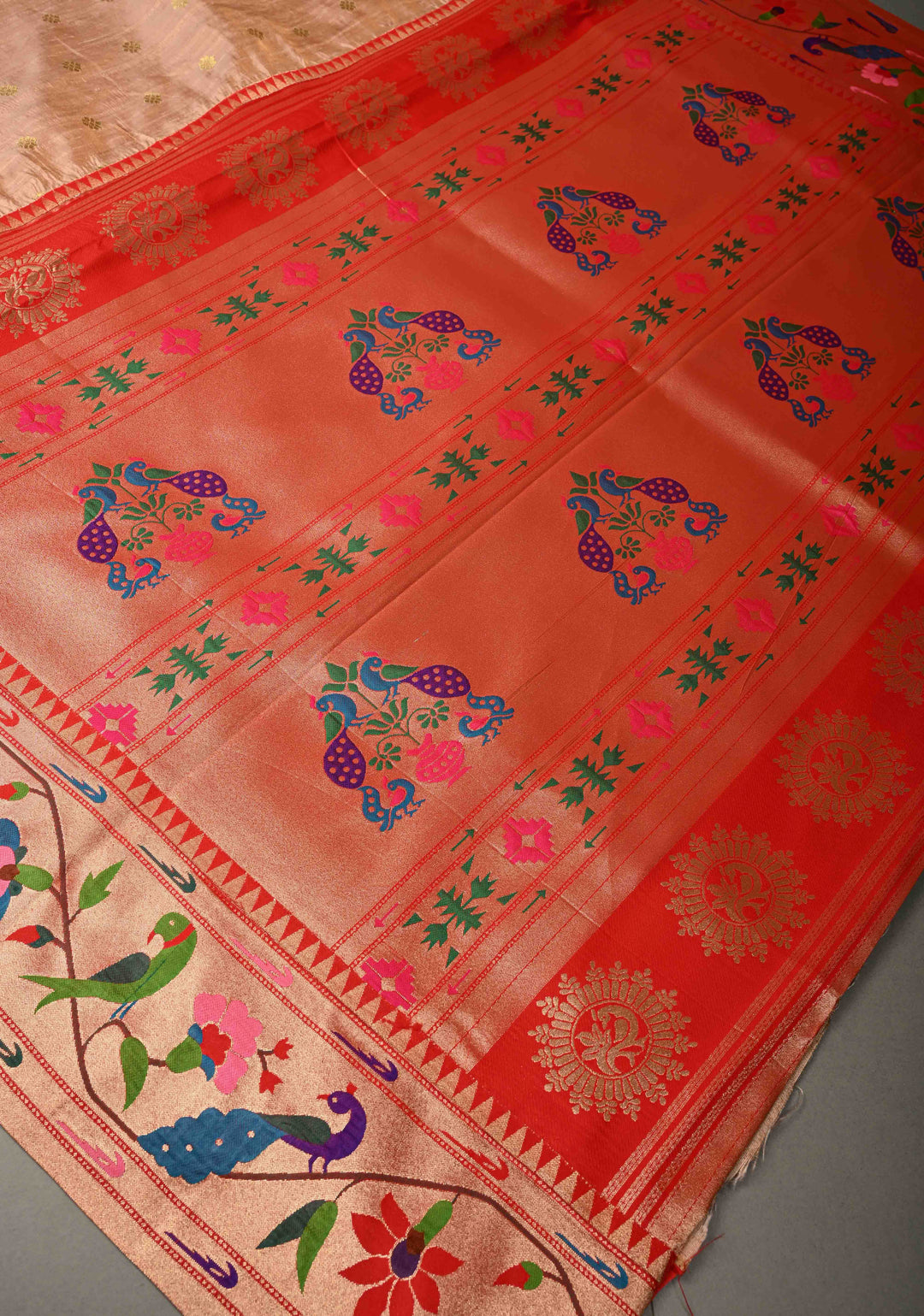 Sandalwood Floral Zari Buttas on Tissue Raw Silk Fusion Saree with Paithani Border and Peacock Motifs on Pallu| SHOBITAM