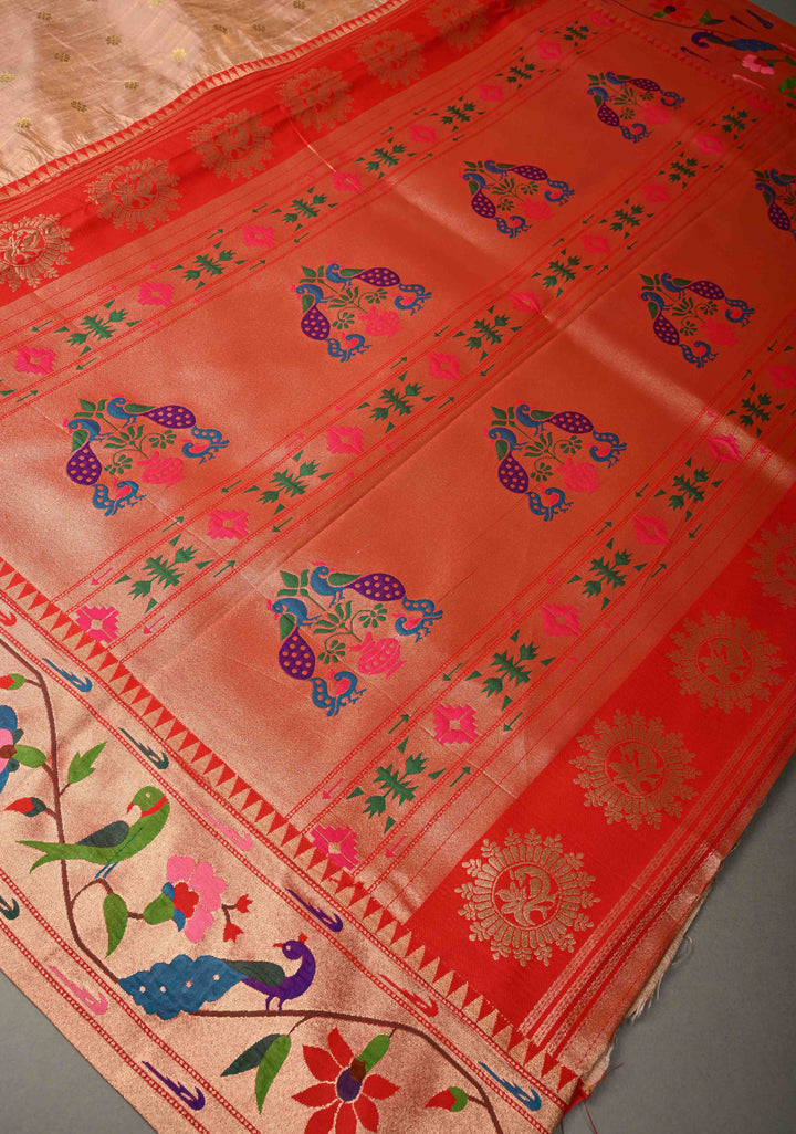 Sandalwood Floral Zari Buttas on Tissue Raw Silk Fusion Saree with Paithani Border and Peacock Motifs on Pallu| SHOBITAM