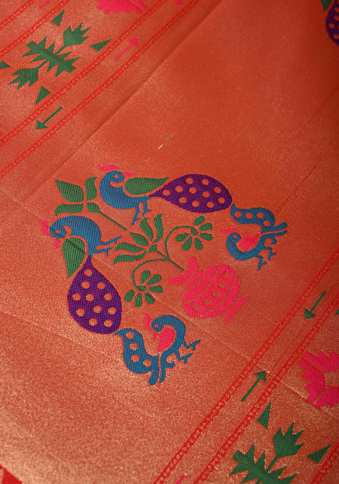 Sandalwood Floral Zari Buttas on Tissue Raw Silk Fusion Saree with Paithani Border and Peacock Motifs on Pallu| SHOBITAM