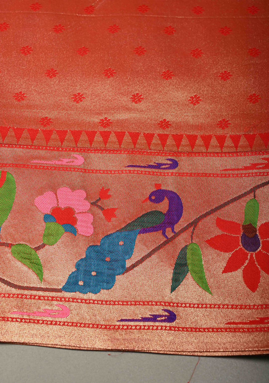 Sandalwood Floral Zari Buttas on Tissue Raw Silk Fusion Saree with Paithani Border and Peacock Motifs on Pallu| SHOBITAM