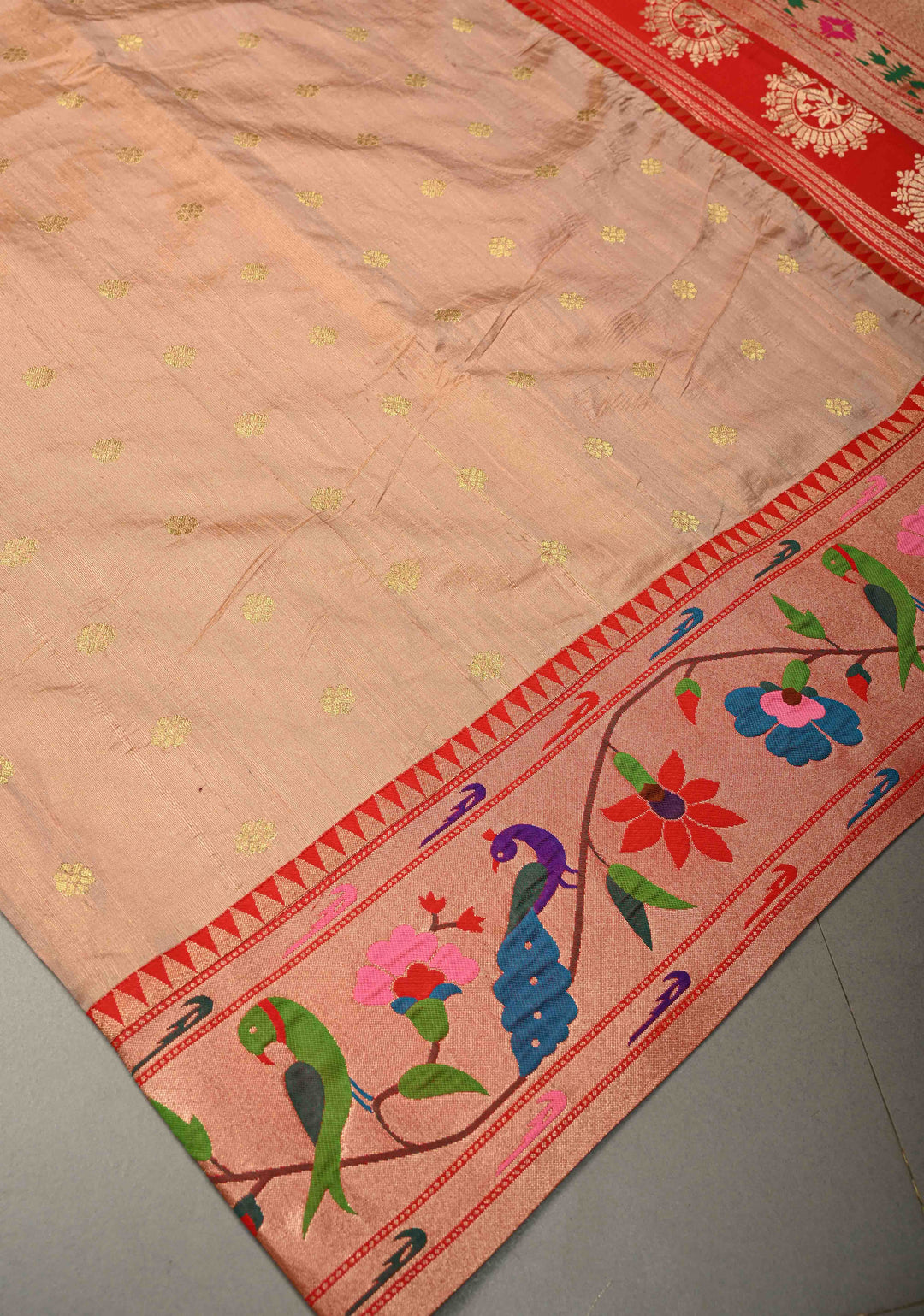 Sandalwood Floral Zari Buttas on Tissue Raw Silk Fusion Saree with Paithani Border and Peacock Motifs on Pallu| SHOBITAM