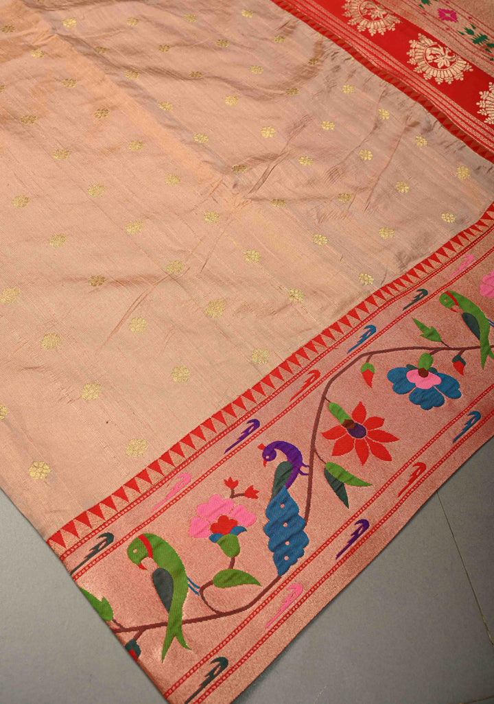 Sandalwood Floral Zari Buttas on Tissue Raw Silk Fusion Saree with Paithani Border and Peacock Motifs on Pallu| SHOBITAM