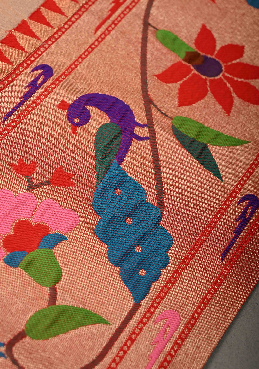 Sandalwood Floral Zari Buttas on Tissue Raw Silk Fusion Saree with Paithani Border and Peacock Motifs on Pallu| SHOBITAM