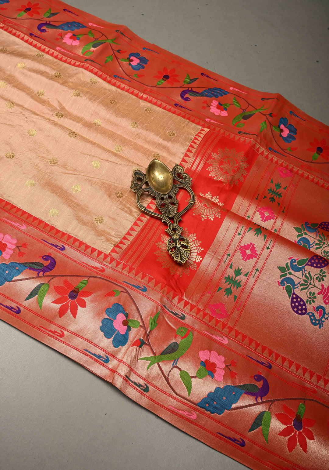 Sandalwood Floral Zari Buttas on Tissue Raw Silk Fusion Saree with Paithani Border and Peacock Motifs on Pallu| SHOBITAM
