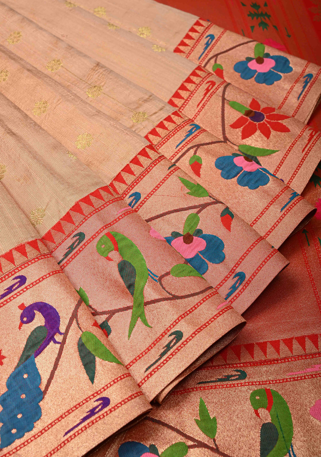 Sandalwood Floral Zari Buttas on Tissue Raw Silk Fusion Saree with Paithani Border and Peacock Motifs on Pallu| SHOBITAM