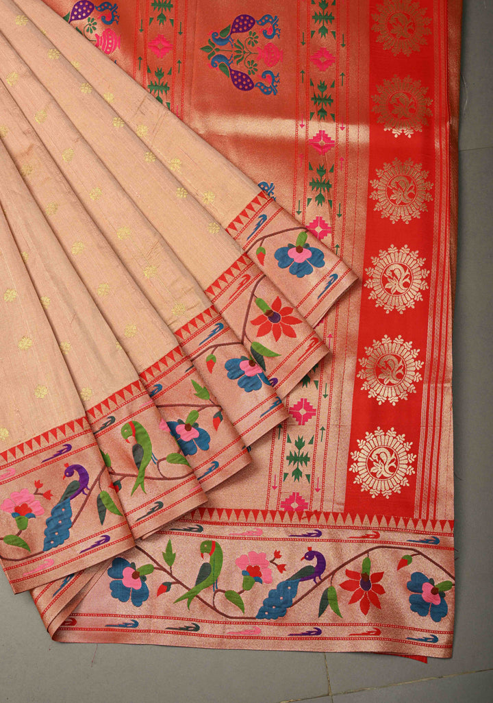 Sandalwood Floral Zari Buttas on Tissue Raw Silk Fusion Saree with Paithani Border and Peacock Motifs on Pallu| SHOBITAM