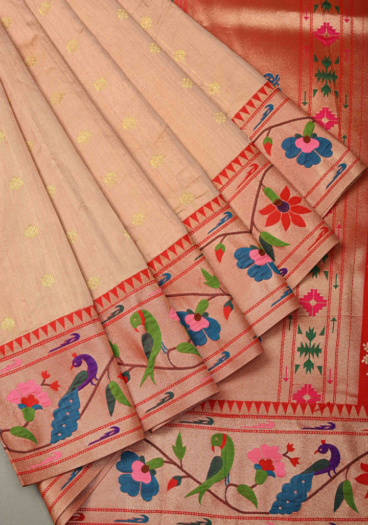 Sandalwood Floral Zari Buttas on Tissue Raw Silk Fusion Saree with Paithani Border and Peacock Motifs on Pallu| SHOBITAM