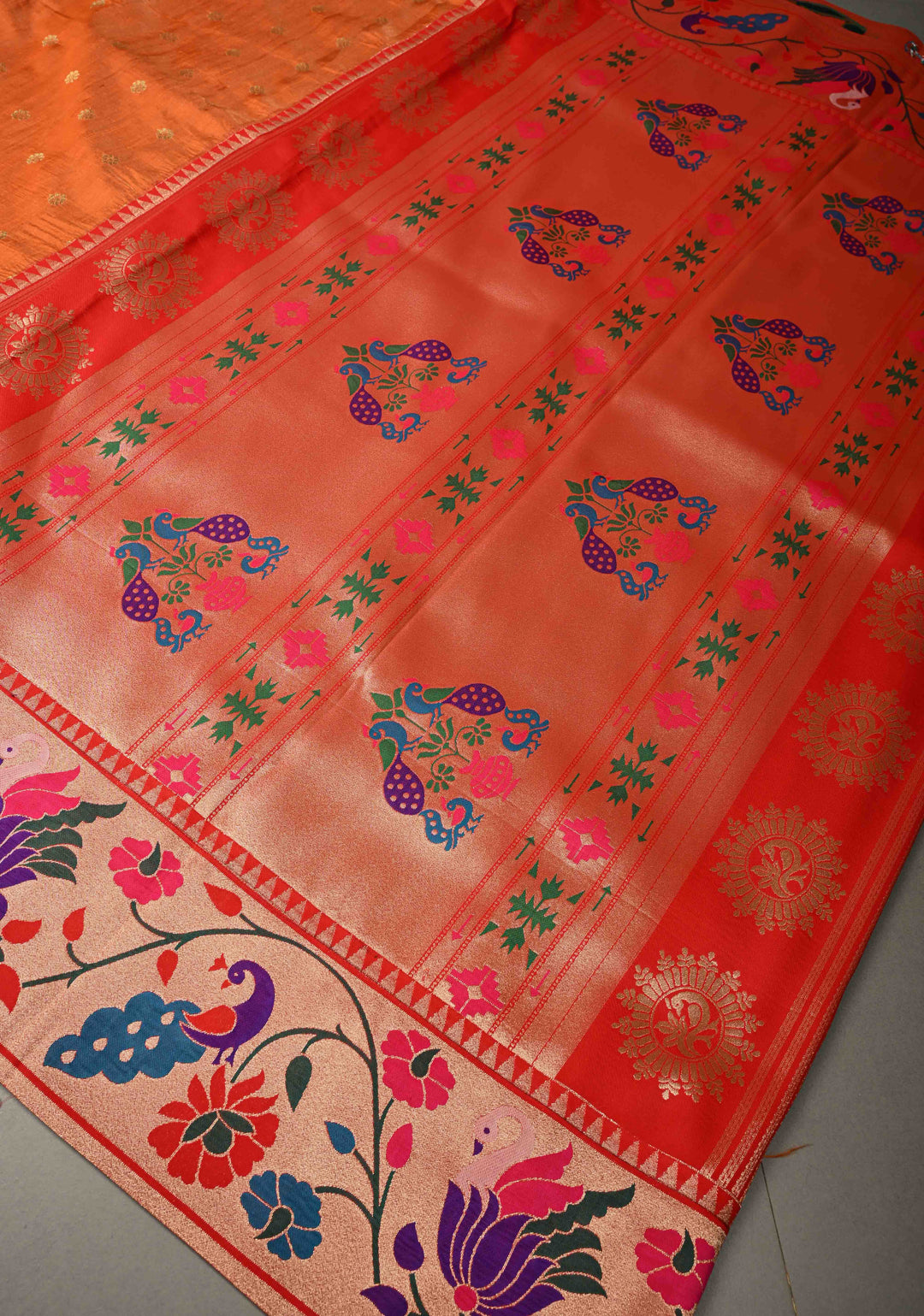 Orange Floral Zari Buttas on Tissue Raw Silk Fusion Saree with Paithani Border and Peacock Motifs on Pallu| SHOBITAM