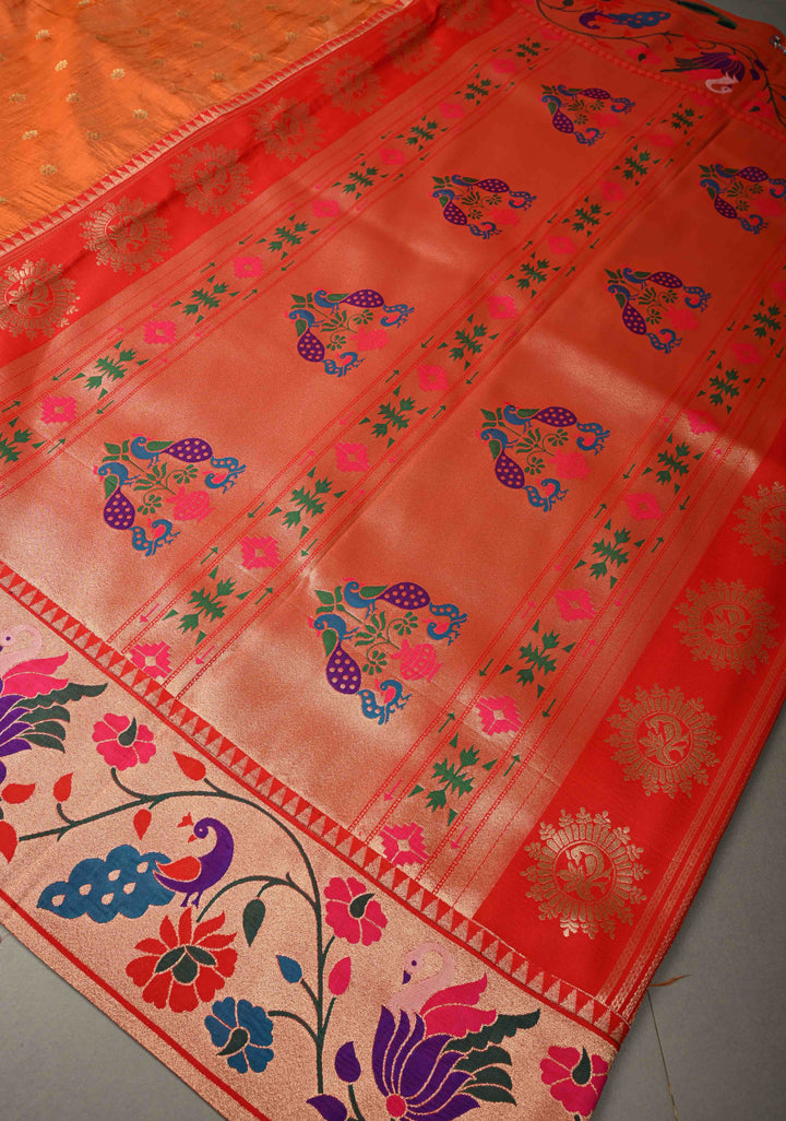 Orange Floral Zari Buttas on Tissue Raw Silk Fusion Saree with Paithani Border and Peacock Motifs on Pallu| SHOBITAM