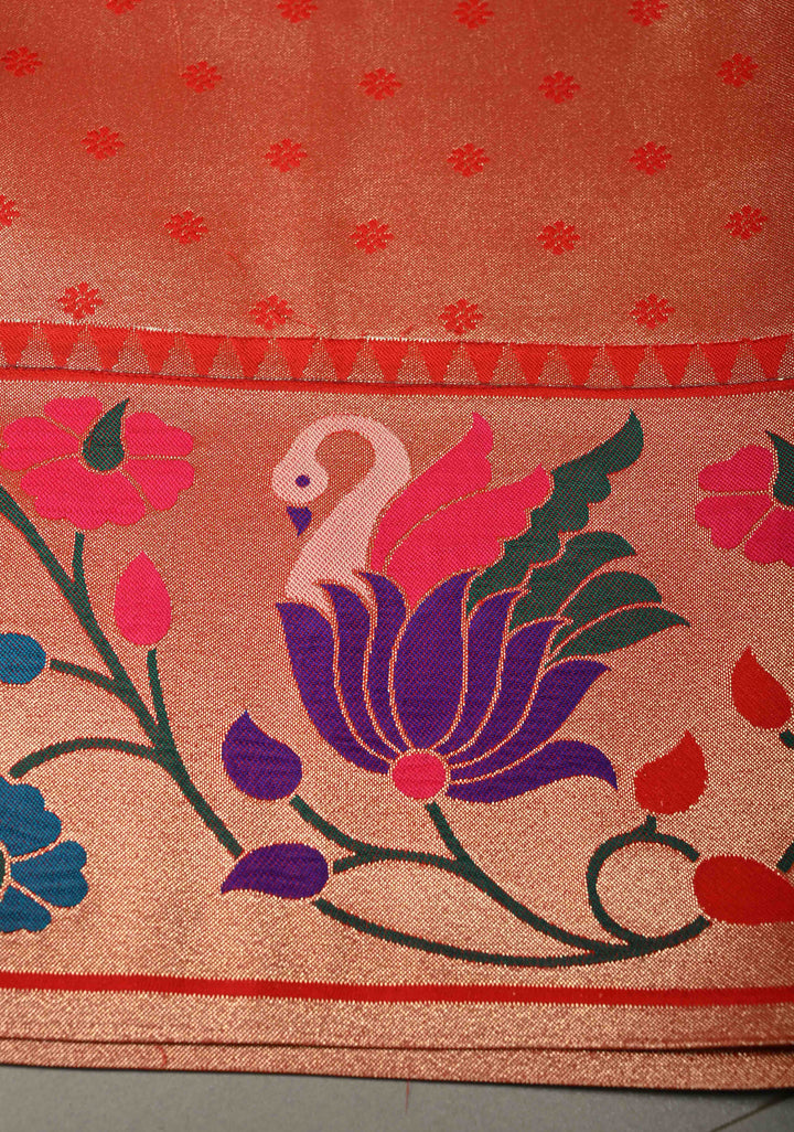 Orange Floral Zari Buttas on Tissue Raw Silk Fusion Saree with Paithani Border and Peacock Motifs on Pallu| SHOBITAM