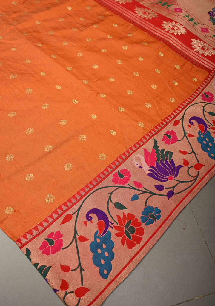 Orange Floral Zari Buttas on Tissue Raw Silk Fusion Saree with Paithani Border and Peacock Motifs on Pallu| SHOBITAM