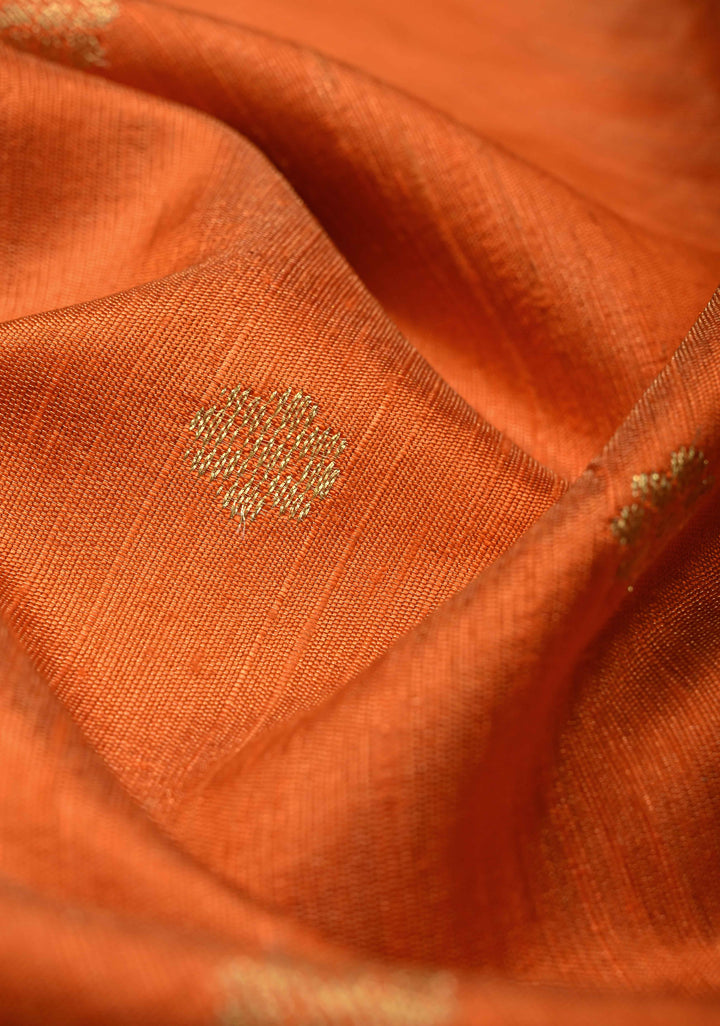 Orange Floral Zari Buttas on Tissue Raw Silk Fusion Saree with Paithani Border and Peacock Motifs on Pallu| SHOBITAM
