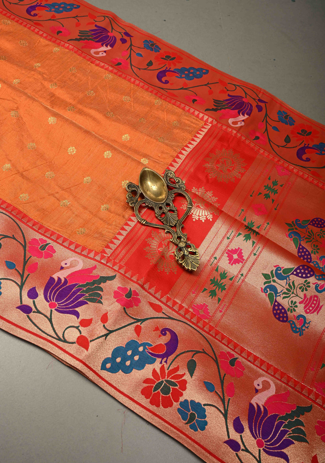 Orange Floral Zari Buttas on Tissue Raw Silk Fusion Saree with Paithani Border and Peacock Motifs on Pallu| SHOBITAM