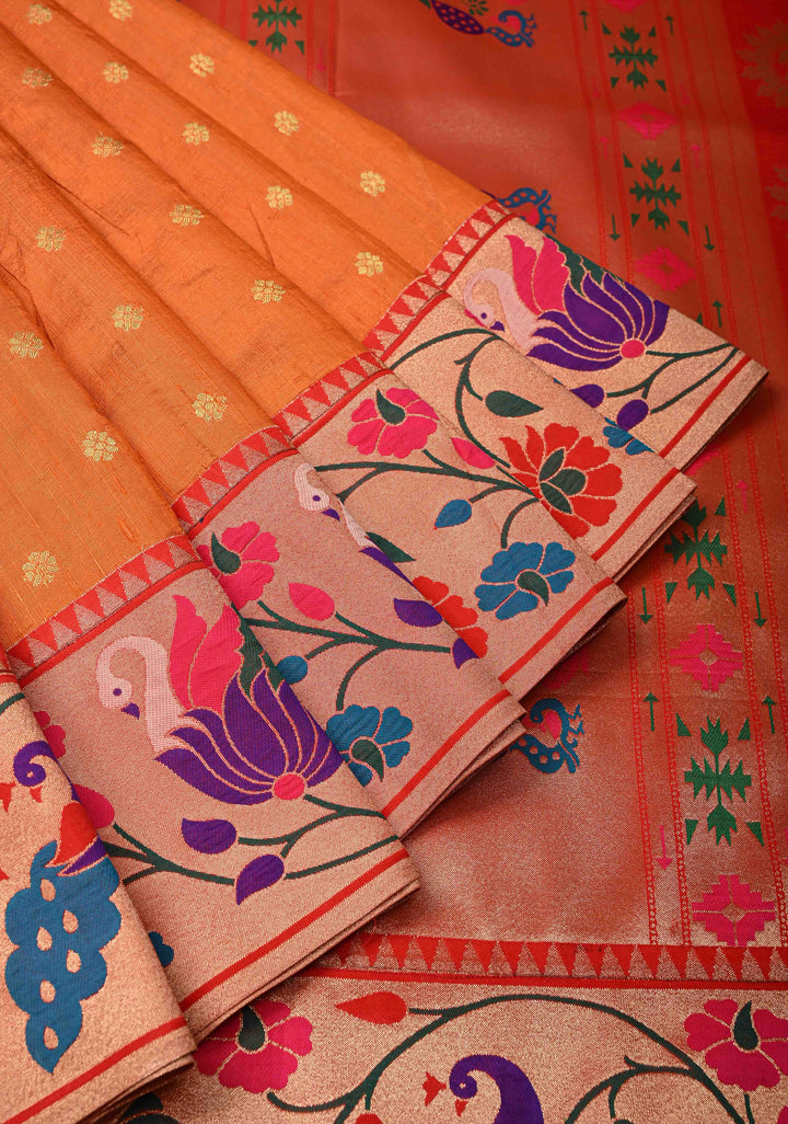 Orange Floral Zari Buttas on Tissue Raw Silk Fusion Saree with Paithani Border and Peacock Motifs on Pallu| SHOBITAM