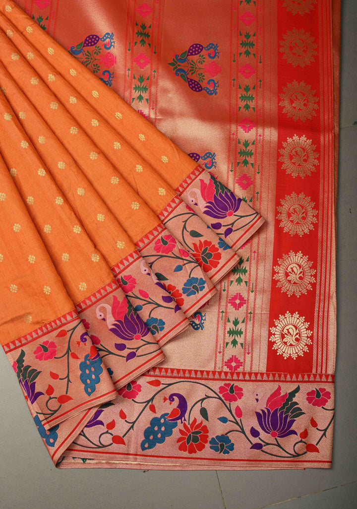 Orange Floral Zari Buttas on Tissue Raw Silk Fusion Saree with Paithani Border and Peacock Motifs on Pallu| SHOBITAM