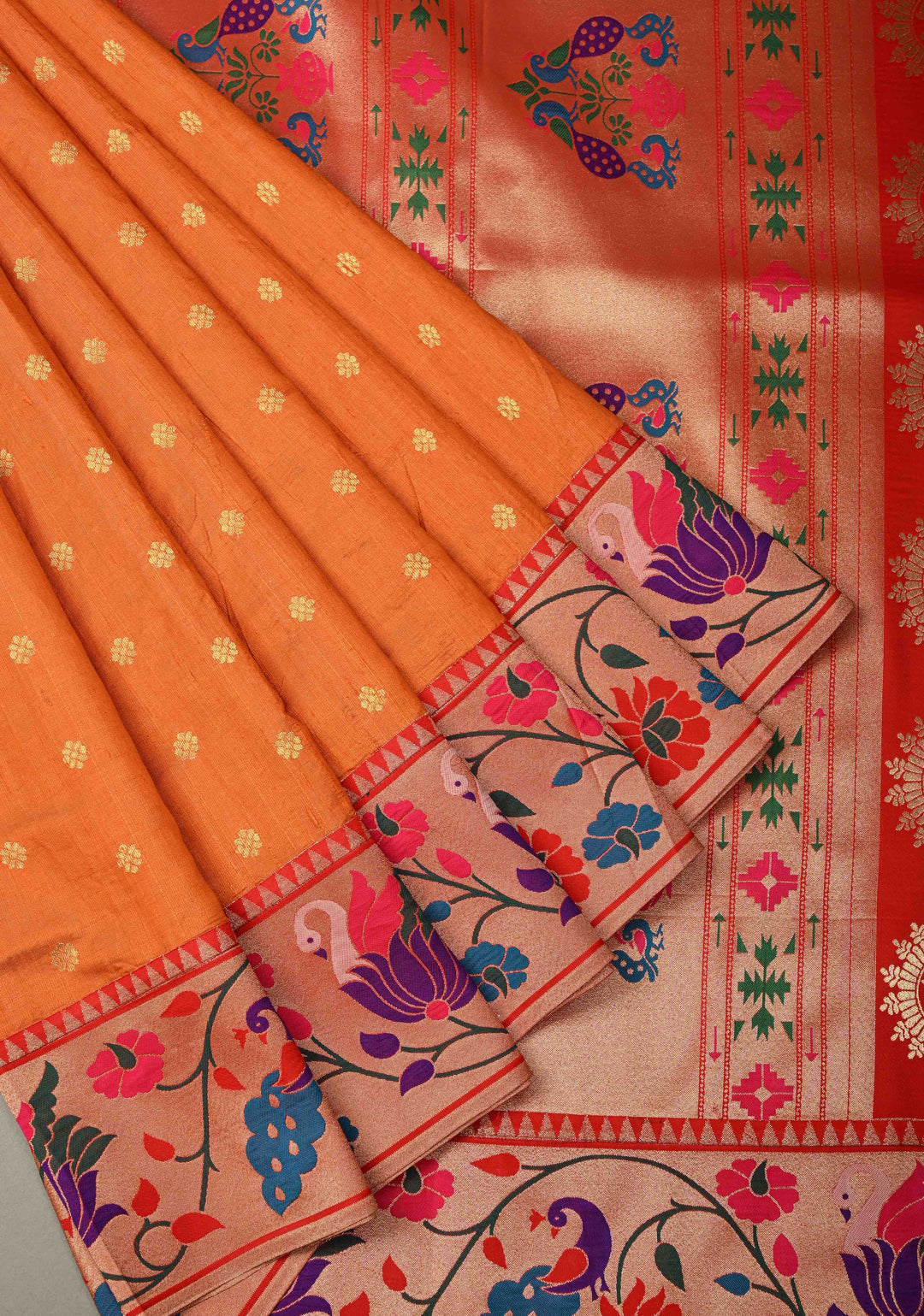 Orange Floral Zari Buttas on Tissue Raw Silk Fusion Saree with Paithani Border and Peacock Motifs on Pallu| SHOBITAM