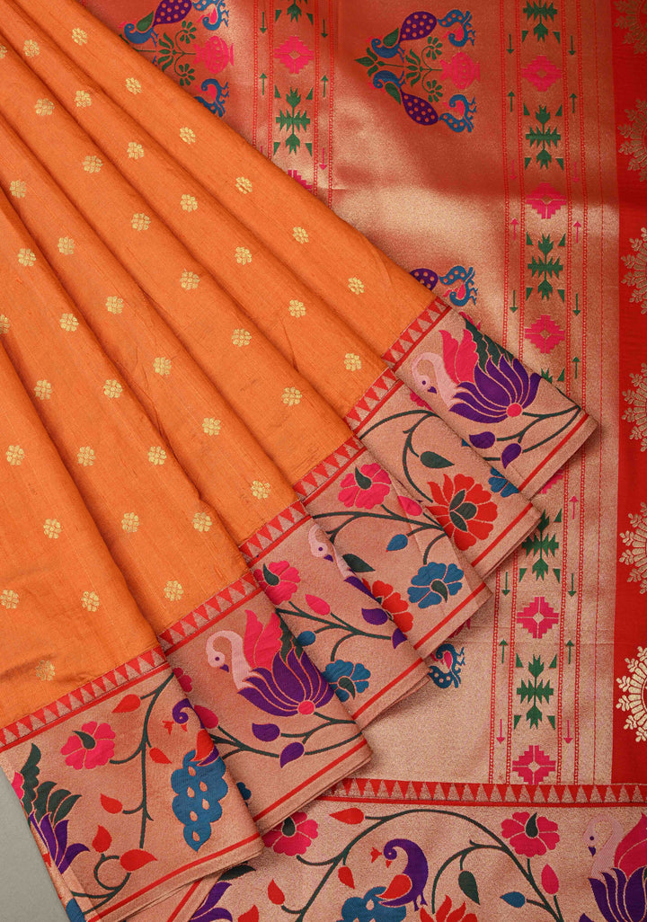 Orange Floral Zari Buttas on Tissue Raw Silk Fusion Saree with Paithani Border and Peacock Motifs on Pallu| SHOBITAM