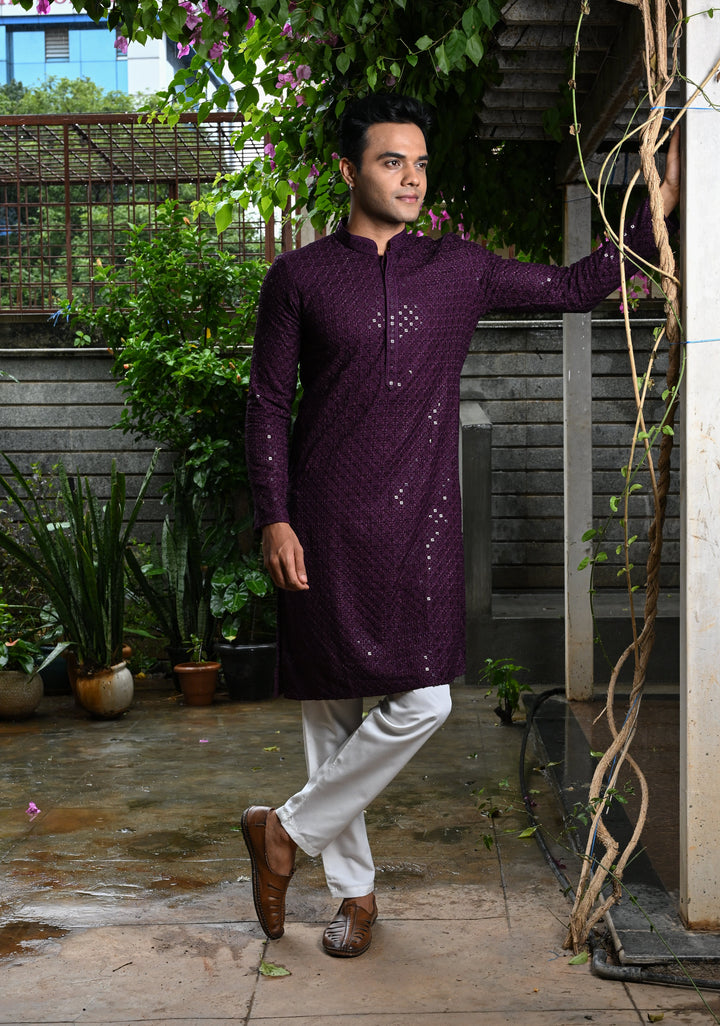Plum Chikankari Kurta with Sequins and Pajama Set for Men | Made to Order