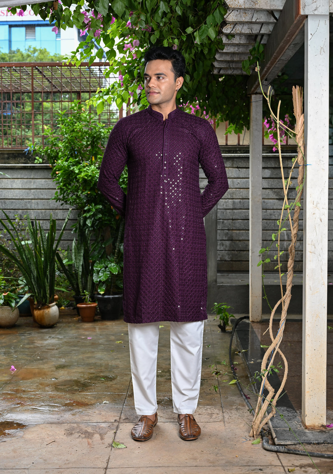 Plum Chikankari Kurta with Sequins and Pajama Set for Men | Made to Order