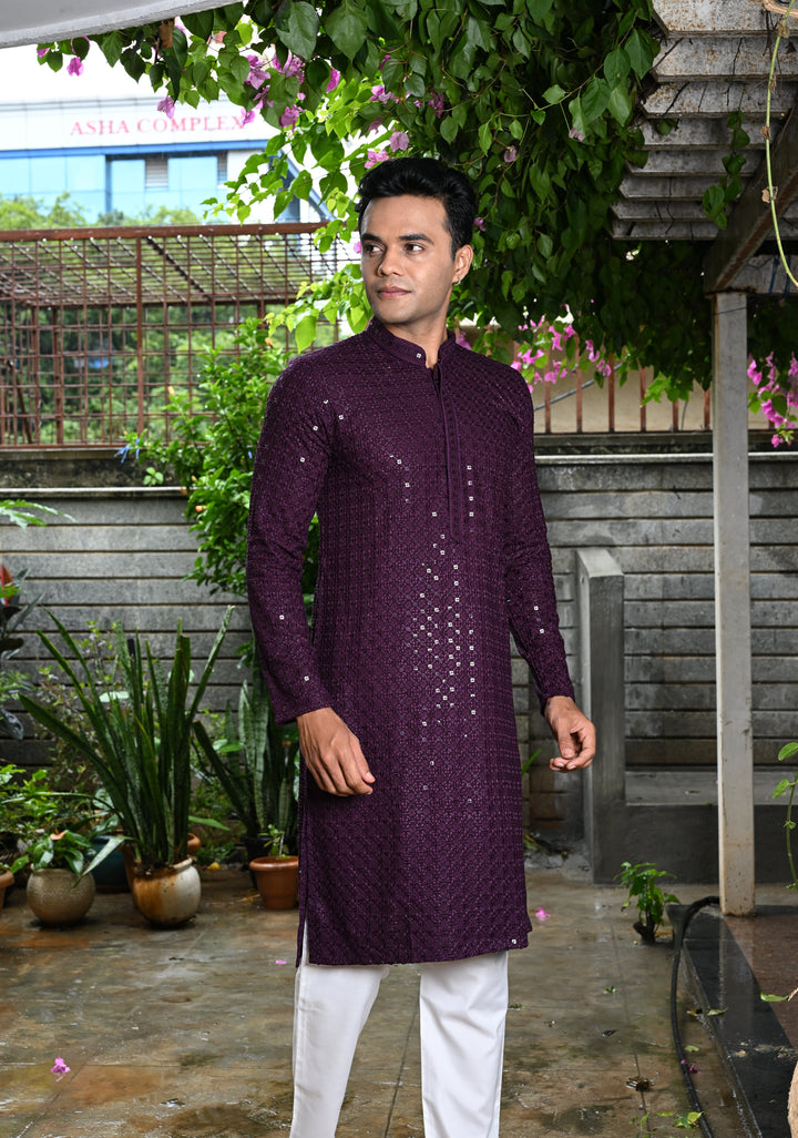 Plum Chikankari Kurta with Sequins and Pajama Set for Men | Made to Order